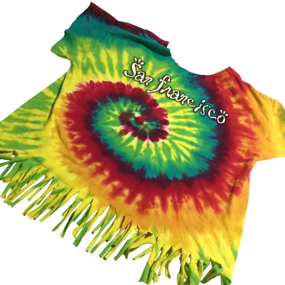 Tops - San Francisco Tie Dye Fringe‎ Crop Top Rainbow Spiral Festival Shirt Mens XL